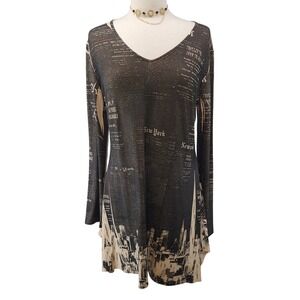CoverCharge New York Graphic Dress City Print Long Sleeve V-Neck Black Cream  Lg